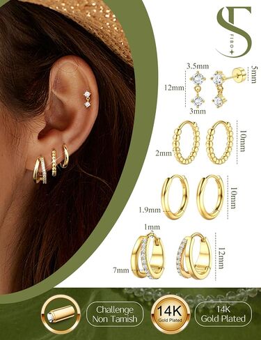 Small Gold Hoop Earrings for Women Hypoallergenic - 14K Gold Silver Plated Earring Stacks Non Tarnish Huggie Hoop Earring Flat Back Stud Earring Sets for Multiple Piercing Cartilage Earring Jewelry 4Pairs in Saudi Arabia