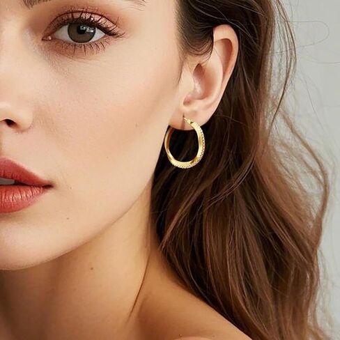 14K Gold Hoop Earrings for Women Gold Earrings for Women Hoops twist with Cubic Zirconia Earrings CZ Hoop Earring Hypoallergenic 25mm in Saudi Arabia