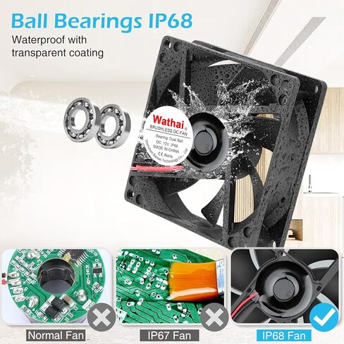 Wathai IP68 120mm x 38mm 12V DC Waterproof Exhaust Fan High CFM Dual Ball 12 Volt Fan 2Pin for DIY RV Fridge Refrigerator Greenhouse Mushroom Solar Battery Box Ventilation Cooling in Saudi Arabia