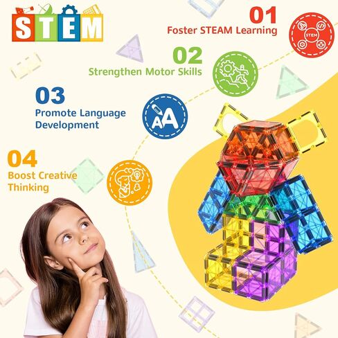 100PCS Magnetic Tiles STEM Building Toys Set with 2 Cars, Sensory Stacking Magnetic Blocks for Toddlers & Kids, Ideal for Preschool Montessori Toys Christmas Birthday Gifts for Boys & Girls Ages 3+ in Saudi Arabia
