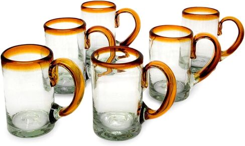 NOVICA Artisan Crafted Hand Blown Clear Blue Rim Recycled Glass Juice Glasses, 4.3In H X 2.6In Diam. 8 Oz. 'Cobalt' (Set Of 6) in Saudi Arabia