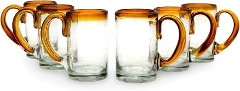 NOVICA Artisan Crafted Hand Blown Clear Blue Rim Recycled Glass Juice Glasses, 4.3In H X 2.6In Diam. 8 Oz. 'Cobalt' (Set Of 6) in Saudi Arabia