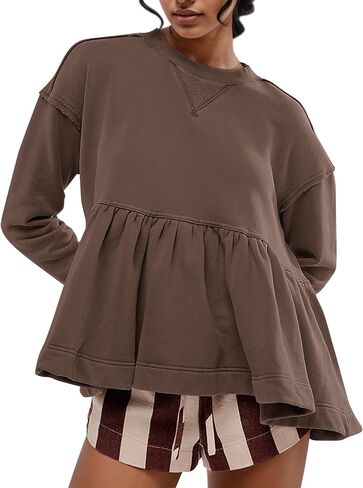 MISSACTIVER Women's Cute Ruffle Hem Babydoll Sweatshirt Crew Neck Long Sleeve Drop Shoulder Trendy Flowy Peplum Pullover Tops in Saudi Arabia