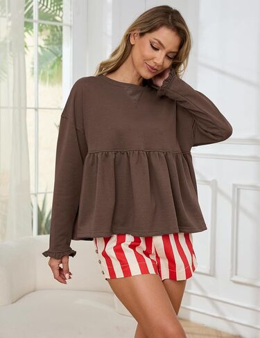 MISSACTIVER Women's Cute Ruffle Hem Babydoll Sweatshirt Crew Neck Long Sleeve Drop Shoulder Trendy Flowy Peplum Pullover Tops in Saudi Arabia