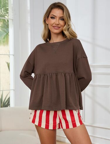MISSACTIVER Women's Cute Ruffle Hem Babydoll Sweatshirt Crew Neck Long Sleeve Drop Shoulder Trendy Flowy Peplum Pullover Tops in Saudi Arabia