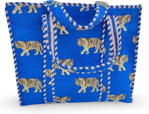 Cotton Tiger Block Print Tote Bag, Indian Handmade Shopping Shoulder Bag, Unisex Market Daily Use in Saudi Arabia