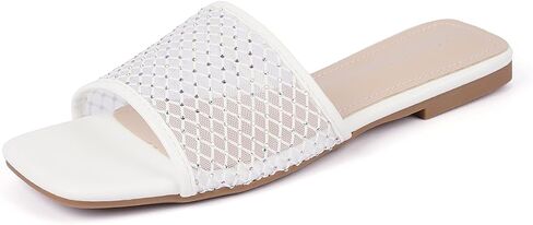 Women's Mesh Slide Sandals, Open Toe Slip-On Flat Summer Shoes, Breathable Square Toe Slippers in Saudi Arabia