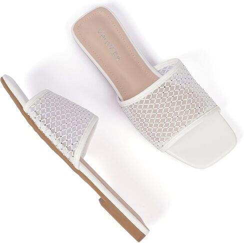Women's Mesh Slide Sandals, Open Toe Slip-On Flat Summer Shoes, Breathable Square Toe Slippers in Saudi Arabia