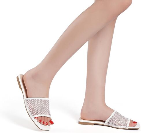 Women's Mesh Slide Sandals, Open Toe Slip-On Flat Summer Shoes, Breathable Square Toe Slippers in Saudi Arabia