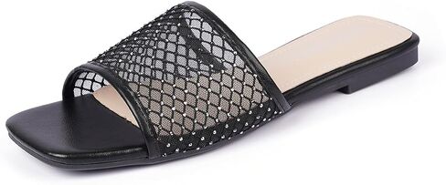 Women's Mesh Slide Sandals, Open Toe Slip-On Flat Summer Shoes, Breathable Square Toe Slippers in Saudi Arabia