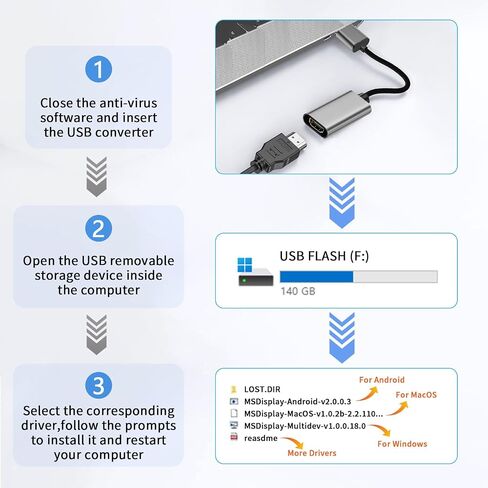 محول USB إلى HDMI ، USB إلى HDMI Monitor Connector USB 3.0 ذكر إلى أنثى محول كبل الإخراج متعدد الأطراف 1080 بكسل للتلفزيون المكتبي للكمبيوتر المحمول ، Windows11/10/8.1/8.7/MacOS Black in Kuwait