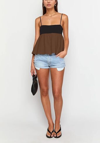 Women Square Neck Sleeveless Contrast Peplum Cami Top Adjustable Spaghetti Strap Two Tone Ruffled Camisole Tank Tops in Kuwait