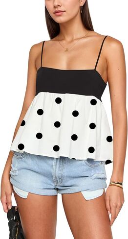 Women Square Neck Sleeveless Contrast Peplum Cami Top Adjustable Spaghetti Strap Two Tone Ruffled Camisole Tank Tops in Kuwait