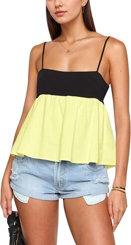 Women Square Neck Sleeveless Contrast Peplum Cami Top Adjustable Spaghetti Strap Two Tone Ruffled Camisole Tank Tops in Kuwait