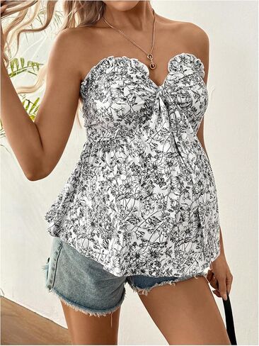 قمم الأمومة النسائية MakeMechic Eyelet Temelet Frill Trim Ruched Cut Out Out Oblessed Top Top Top in Kuwait