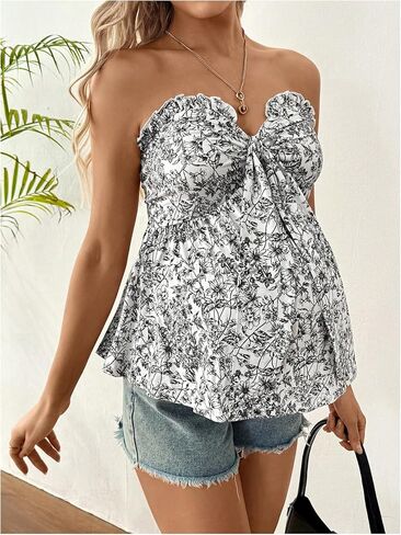 قمم الأمومة النسائية MakeMechic Eyelet Temelet Frill Trim Ruched Cut Out Out Oblessed Top Top Top in Kuwait