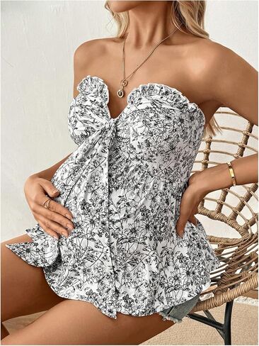 قمم الأمومة النسائية MakeMechic Eyelet Temelet Frill Trim Ruched Cut Out Out Oblessed Top Top Top in Kuwait