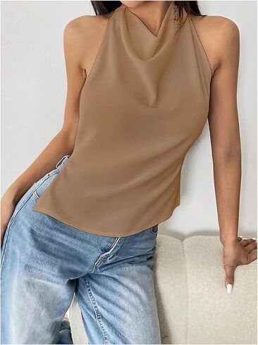 GORGLITTER Women's Backless Draped Halter Tops Tie Open Back Sleeveless Sexy Club Going Out Tops in Saudi Arabia