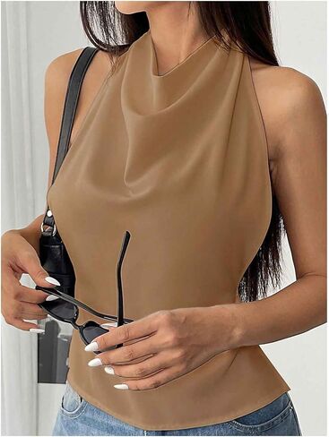 GORGLITTER Women's Backless Draped Halter Tops Tie Open Back Sleeveless Sexy Club Going Out Tops in Saudi Arabia