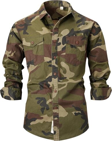 PAODIKUAI Men Camouflage Denim Shirt Camo Washed Military Long Sleeve Shirts Casual Button Down Shirts in Saudi Arabia