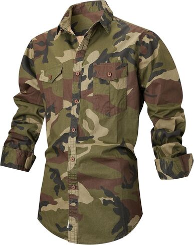 PAODIKUAI Men Camouflage Denim Shirt Camo Washed Military Long Sleeve Shirts Casual Button Down Shirts in Saudi Arabia