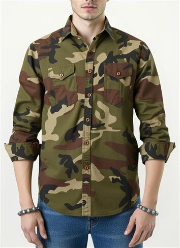 PAODIKUAI Men Camouflage Denim Shirt Camo Washed Military Long Sleeve Shirts Casual Button Down Shirts in Saudi Arabia