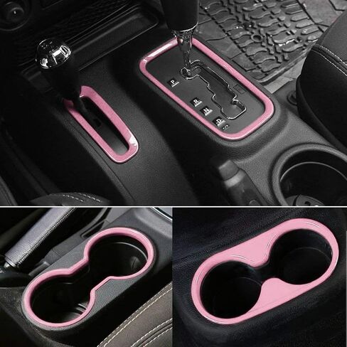 E-cowlboy 4PCS Interior Accessories Decoration Cover Trim Kit Front+Rear Water Cup Holder Trim Gear Shift Box Trim Transfer Case Trim for Jeep Wrangler JK JKU 2011-2018 4-Door (Pink) in Saudi Arabia