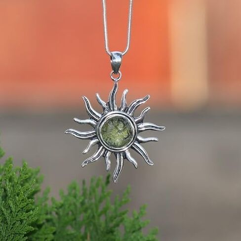 Authentic Moldavite Sun Pendant - 925 Sterling Silver, Healing Crystal From Czech Republic, Gift For Her in Kuwait