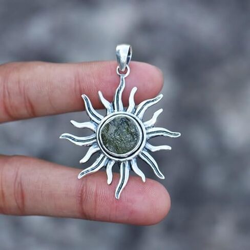 Authentic Moldavite Sun Pendant - 925 Sterling Silver, Healing Crystal From Czech Republic, Gift For Her in Kuwait
