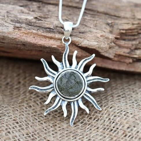 Authentic Moldavite Sun Pendant - 925 Sterling Silver, Healing Crystal From Czech Republic, Gift For Her in Kuwait