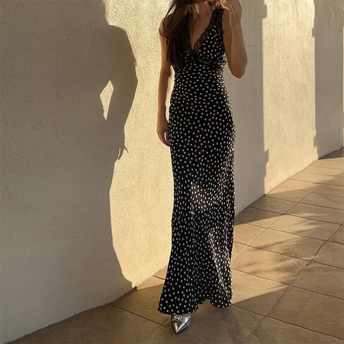 GeRRiT 2024 New Summer Style Sexy Temperament Lace Splicing Polka Dot High Waist Slim Dress Long Skirt (Color : Black, Size : Small) in Saudi Arabia