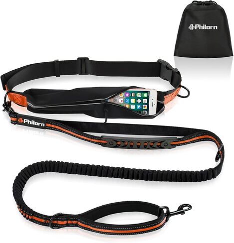 PHILORN Hands Free Dog Leash for Running, Jogging | Reflective Stitching, Adjustable Waist Belt(24"-47"), Phone Pouch, Shock Absorbing Dual Handle Bungee(47"-67") for Large Dog in Saudi Arabia