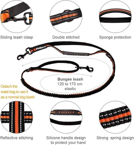 PHILORN Hands Free Dog Leash for Running, Jogging | Reflective Stitching, Adjustable Waist Belt(24"-47"), Phone Pouch, Shock Absorbing Dual Handle Bungee(47"-67") for Large Dog in Saudi Arabia