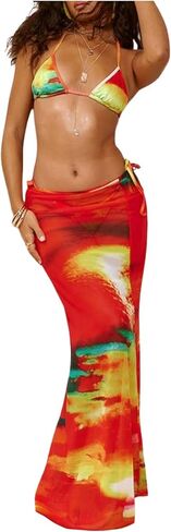 GORGLITTER Women's 3 Piece Swimsuits Tie Dye Y2k Halter Triangle Thong Bikini Sets with Cover Up Skirt in Saudi Arabia