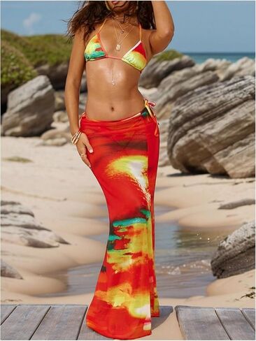 GORGLITTER Women's 3 Piece Swimsuits Tie Dye Y2k Halter Triangle Thong Bikini Sets with Cover Up Skirt in Saudi Arabia