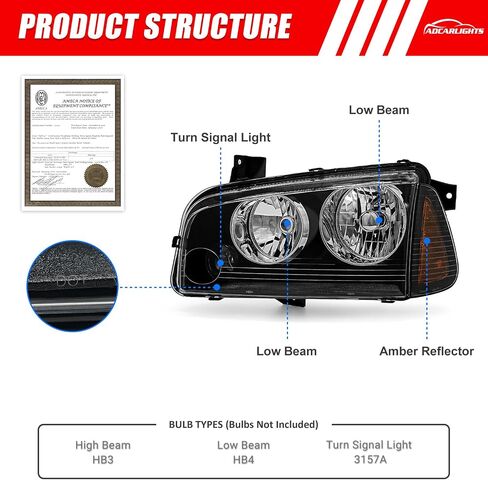 Headlights Assembly for Dodge Charger 2006 2007 2008 2009 2010 OE Headlamp Replacement Pair Black Housing Amber Reflector Driver and Passenger Side in Saudi Arabia