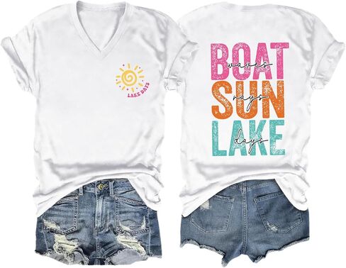 Lake Life Dorts Women ، Waves Boat Rays Rays Days T Shirts Summer Beach Tshirts v Neck Short Sleeve Graphic Tees in Kuwait