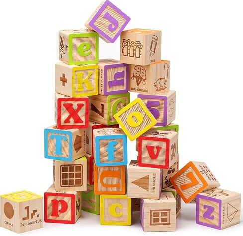 SainSmart Jr. Wooden ABC Blocks 40PCS Stacking Blocks Baby Alphabet Letters, Counting, Building Block Set for Toddlers 1.2 Inch in Kuwait