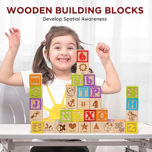 SainSmart Jr. Wooden ABC Blocks 40PCS Stacking Blocks Baby Alphabet Letters, Counting, Building Block Set for Toddlers 1.2 Inch in Kuwait