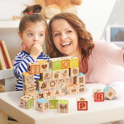SainSmart Jr. Wooden ABC Blocks 40PCS Stacking Blocks Baby Alphabet Letters, Counting, Building Block Set for Toddlers 1.2 Inch in Kuwait