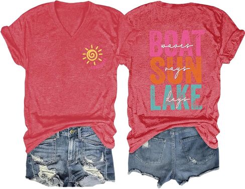 Lake Life Dorts Women ، Waves Boat Rays Rays Days T Shirts Summer Beach Tshirts v Neck Short Sleeve Graphic Tees in Kuwait