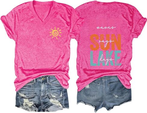 Lake Life Dorts Women ، Waves Boat Rays Rays Days T Shirts Summer Beach Tshirts v Neck Short Sleeve Graphic Tees in Kuwait
