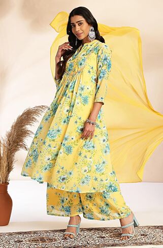 Janasya Indian Women's Yellow Floral Print Kurta Kurti Top Tucted Tucted Sealed Evening Wear Kurta for Women in Saudi Arabia