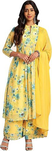 Janasya Indian Women's Yellow Floral Print Kurta Kurti Top Tucted Tucted Sealed Evening Wear Kurta for Women in Saudi Arabia