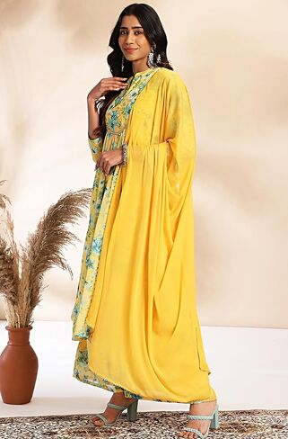 Janasya Indian Women's Yellow Floral Print Kurta Kurti Top Tucted Tucted Sealed Evening Wear Kurta for Women in Saudi Arabia