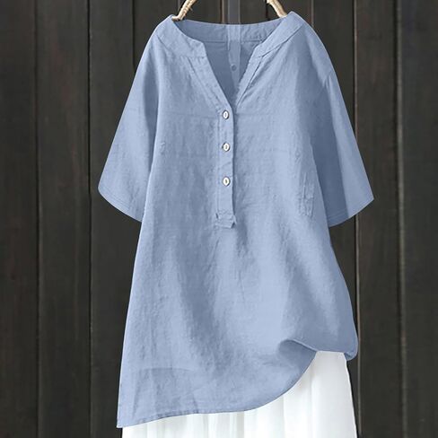 Women Linen Shirts Tops Causal Summer Blouses Cotton Gauze Tunic Tops Trendy Beach Vacation Boho Clothing 2024 in Saudi Arabia