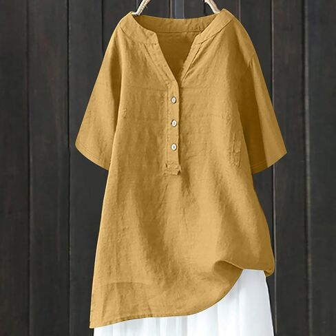 Women Linen Shirts Tops Causal Summer Blouses Cotton Gauze Tunic Tops Trendy Beach Vacation Boho Clothing 2024 in Saudi Arabia
