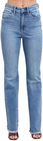 Judy Blue High Waist Bootcut Jeans with Fray Hem – Stylish and Comfortable Cotton-Blend Denim for Women - 82486 in Saudi Arabia