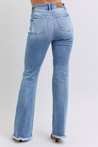 Judy Blue High Waist Bootcut Jeans with Fray Hem – Stylish and Comfortable Cotton-Blend Denim for Women - 82486 in Saudi Arabia