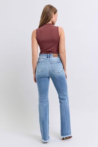 Judy Blue High Waist Bootcut Jeans with Fray Hem – Stylish and Comfortable Cotton-Blend Denim for Women - 82486 in Saudi Arabia